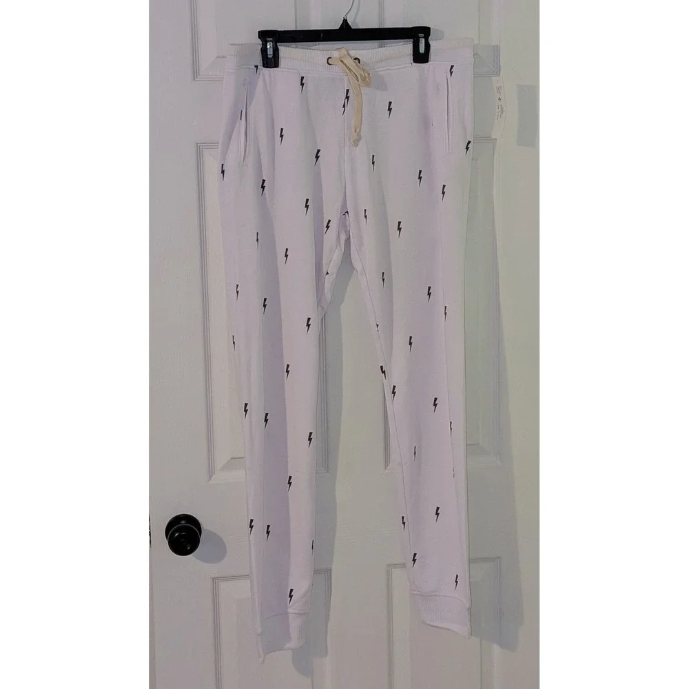 Theo & Spence White Lightning Bolt Print‎ Jogger Lounge Pants - L NWT $54